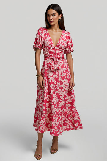 Red A Line Floral Print Midi Dress